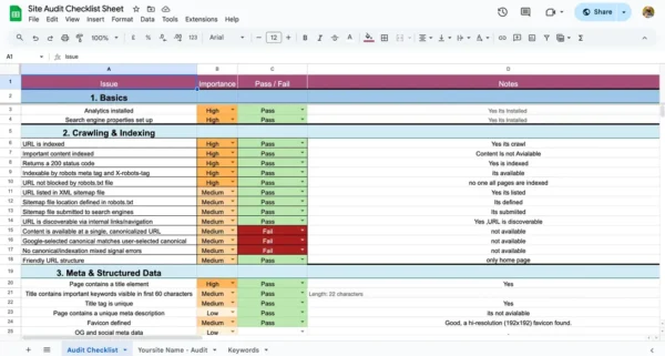 Site Audit sheet